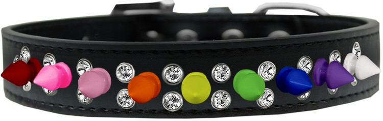 Double Crystal with Rainbow Spikes Dog Collar Black Size 16